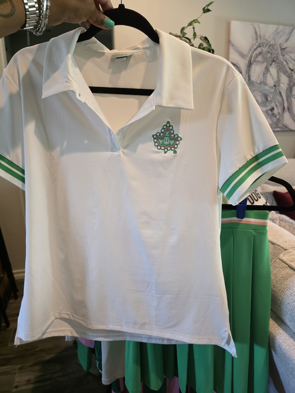 White AKA Polo Top with Green Trim, Sorority Crest & Skort